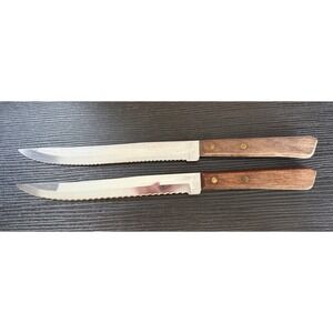 Vintage Forgecraft USA Serrated Steak Knives Wood Handle Stainless Steel Set 2